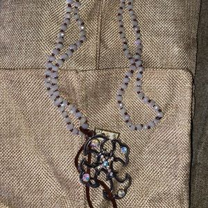 36” White Beaded Necklace W/Silver Crystal Cross